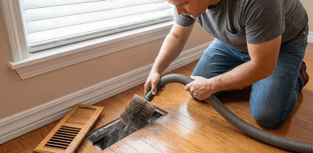 Air duct cleaning technician vacuuming a floor vent and duct opening in Tempe, AZ