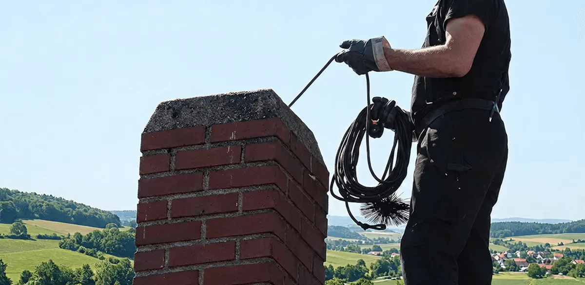 Chimney sweep inspecting and cleaning a rooftop chimney in Tempe, AZ