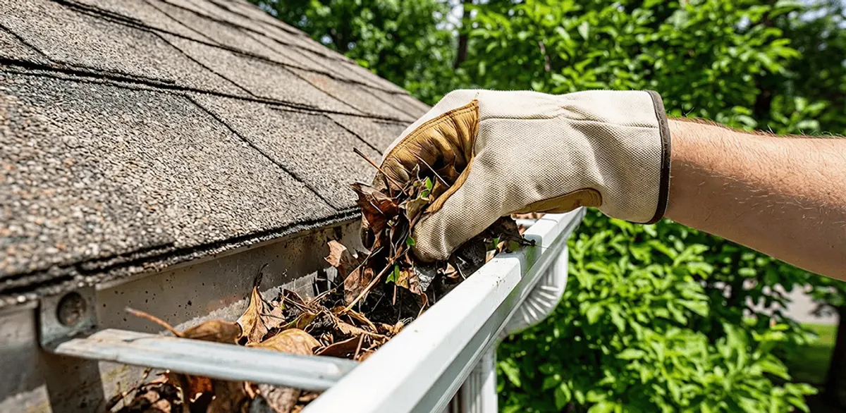 Gutter cleaning removing leaves and debris from roof gutters in Tempe, AZ