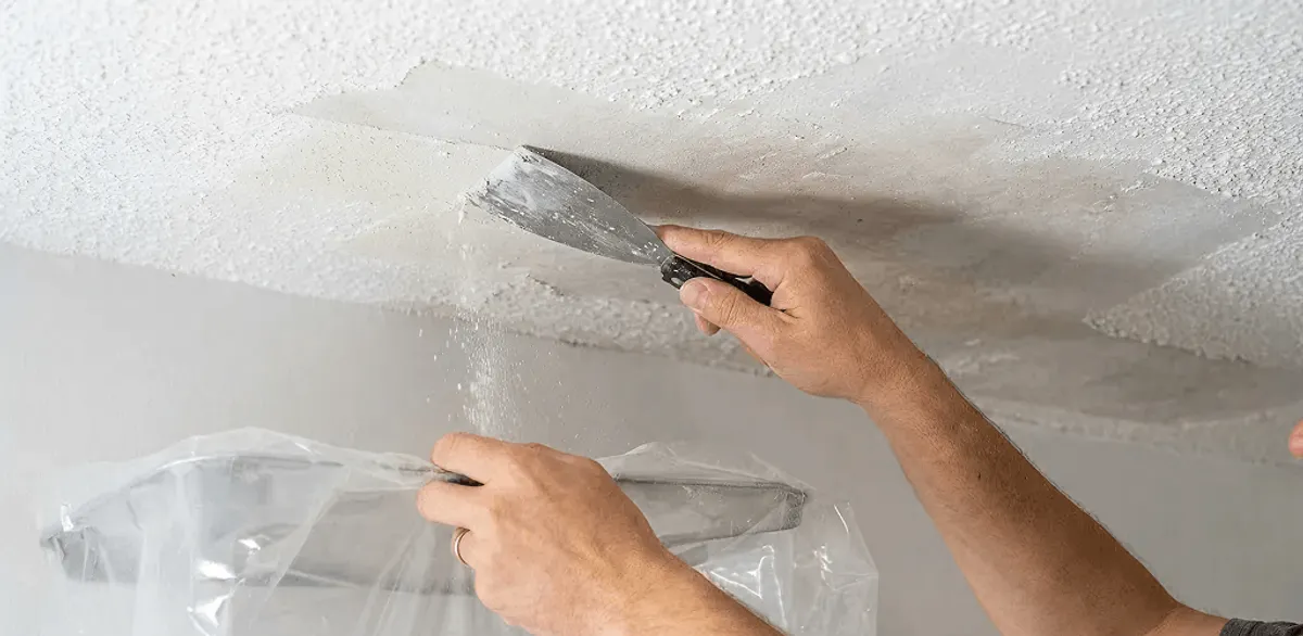 Popcorn ceiling removal technician scraping texture from a ceiling in Tempe, AZ
