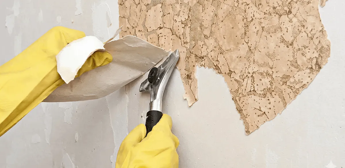Wallpaper removal service stripping old wallpaper from a wall in Tempe, AZ