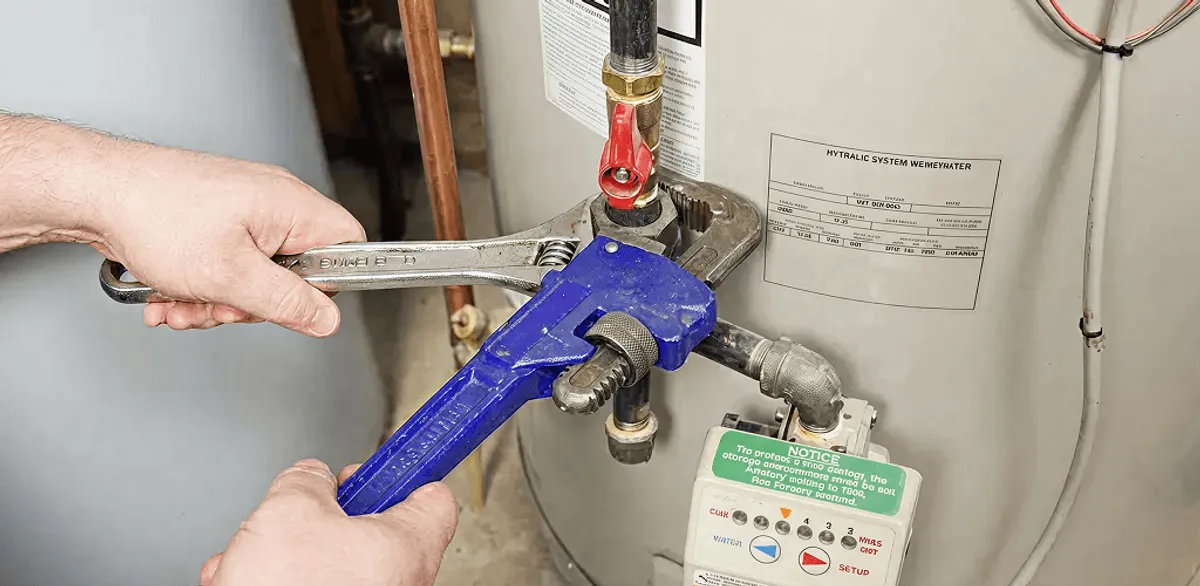 Water heater repair technician tightening the shutoff valve and supply line in Tempe, AZ